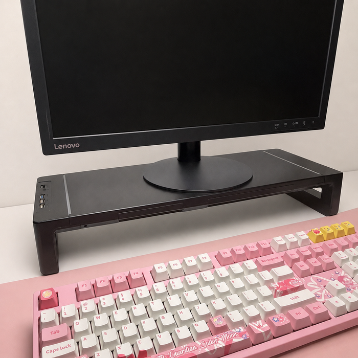 Command Monitor Riser with USB Hub by Voydesk, black riser lifting a monitor above a keyboard