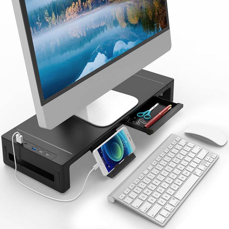 Test bench desk with monitor riser, USB hub, and keyboard
