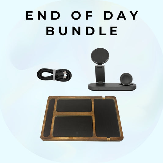 End of Day Bundle: braided charging cable, Orbit magnetic charging stand, and Nox wooden valet tray