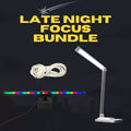 Late Night Focus Bundle: charging cable, Aurora RGB light bar, and Gemini dual-head desk lamp lit up