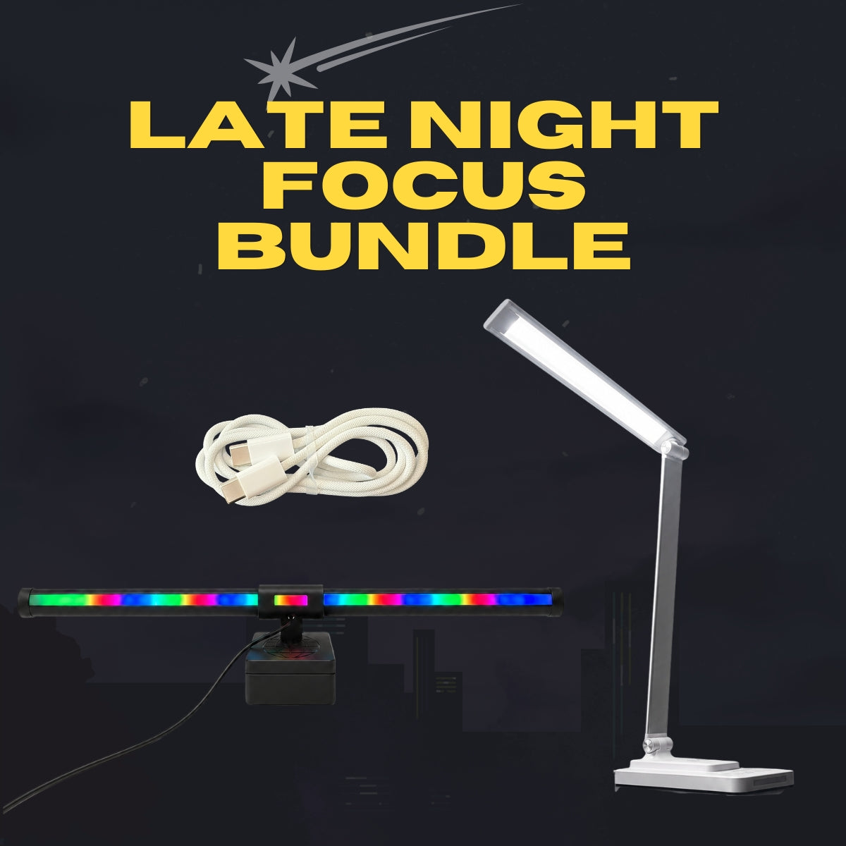 Late Night Focus Bundle: charging cable, Aurora RGB light bar, and Gemini dual-head desk lamp lit up