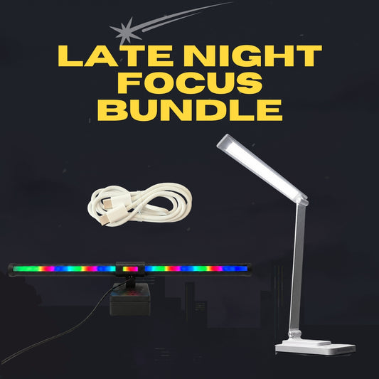 Late Night Focus Bundle: charging cable, Aurora RGB light bar, and Gemini dual-head desk lamp lit up