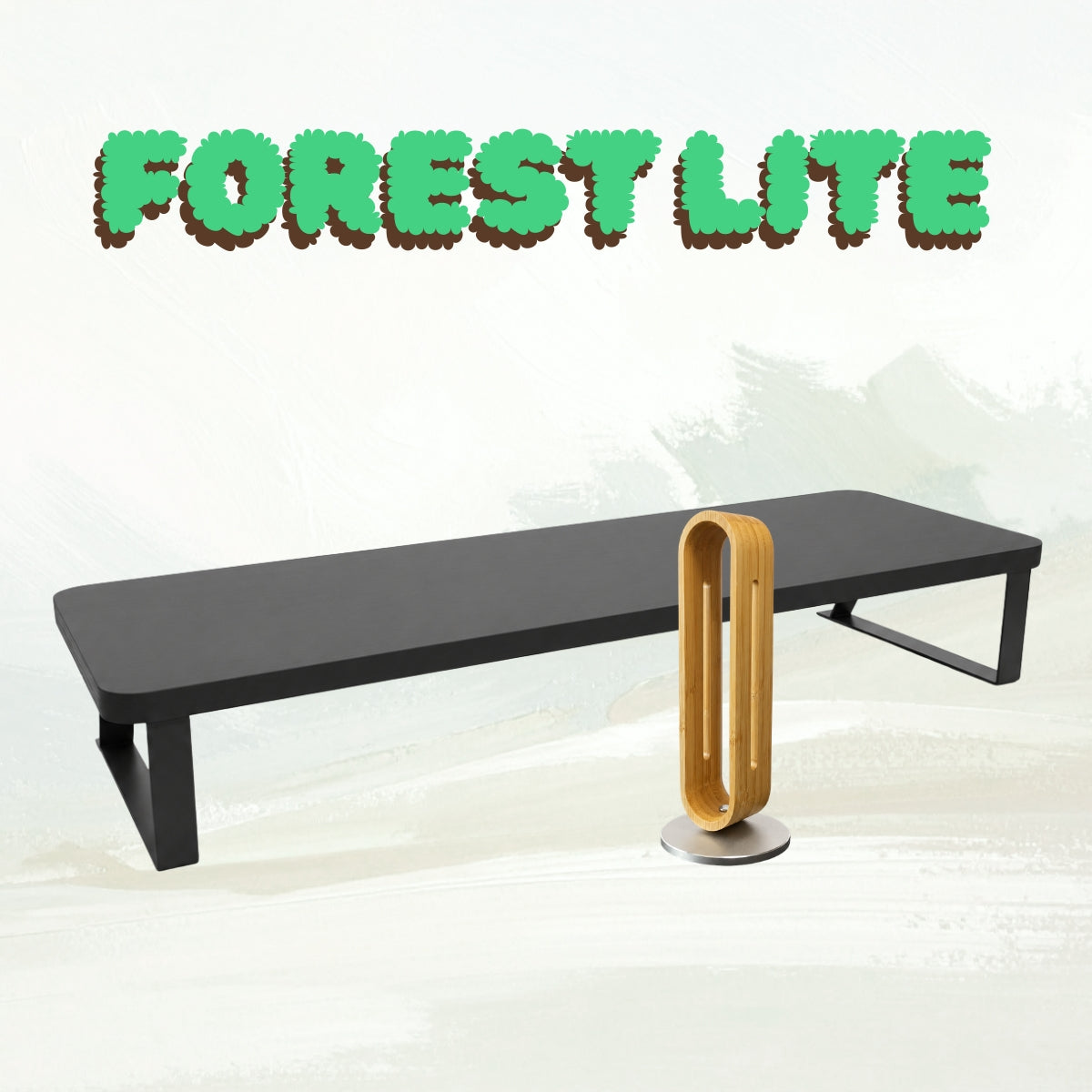 Forest Lite Bundle: black Plinth monitor riser beside the wood-grain Grove bamboo headphone stand