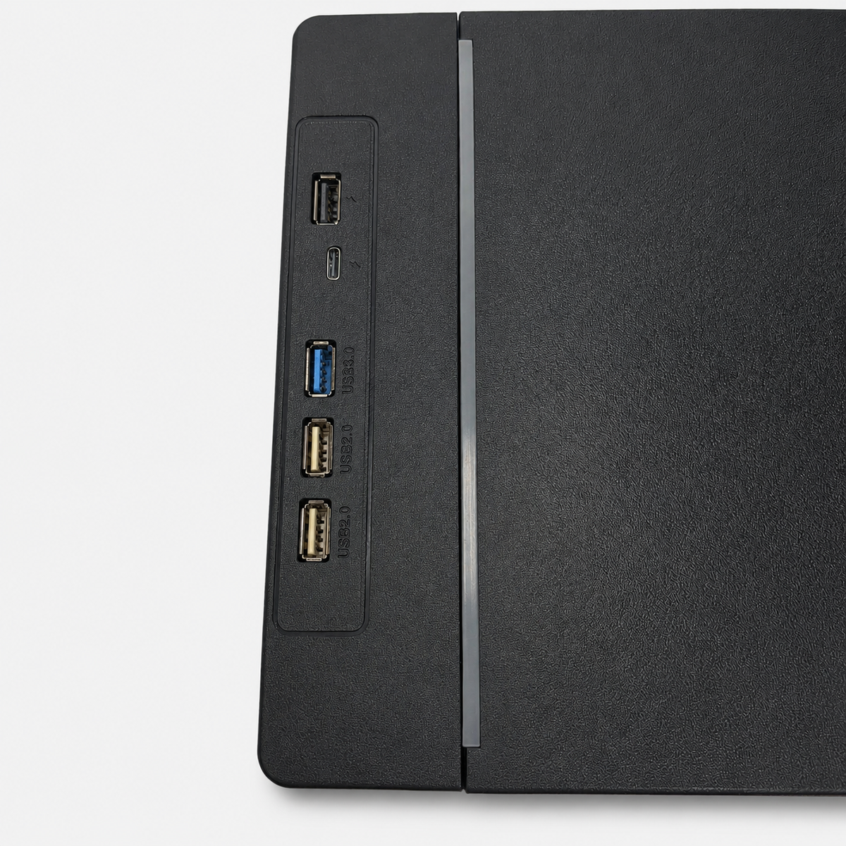 Close-up of the Command riser's front ports: USB-A and USB-C charging plus USB 3.0 and USB 2.0 data ports