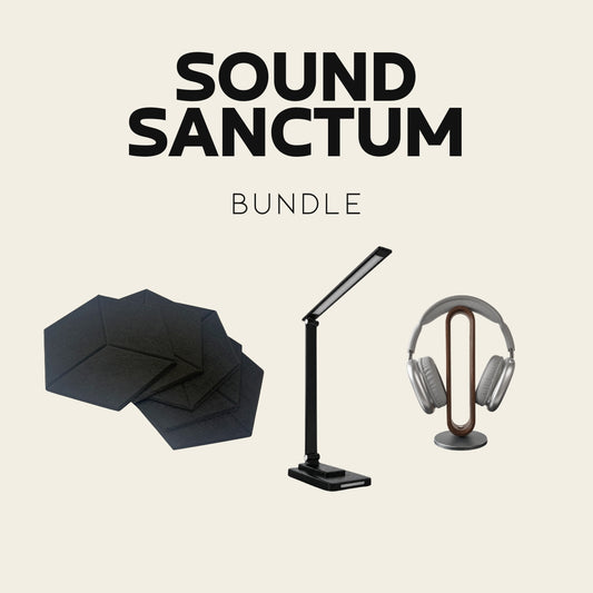 Sound Sanctum Bundle: stacked Hushfield acoustic panels, Gemini desk lamp, and Grove headphone stand