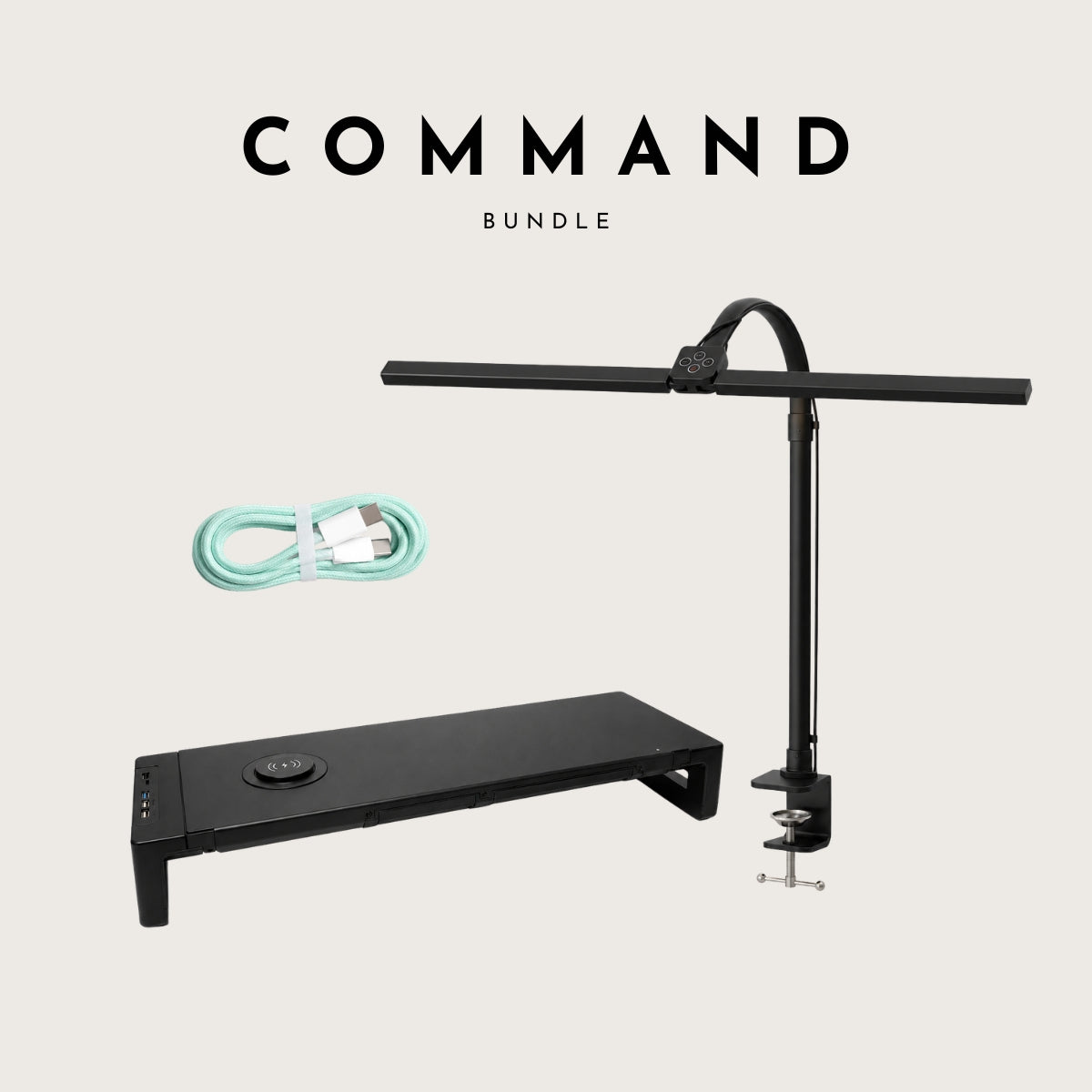 Command Bundle: Command monitor riser, braided cable, and the Arc clamp desk lamp arched overhead