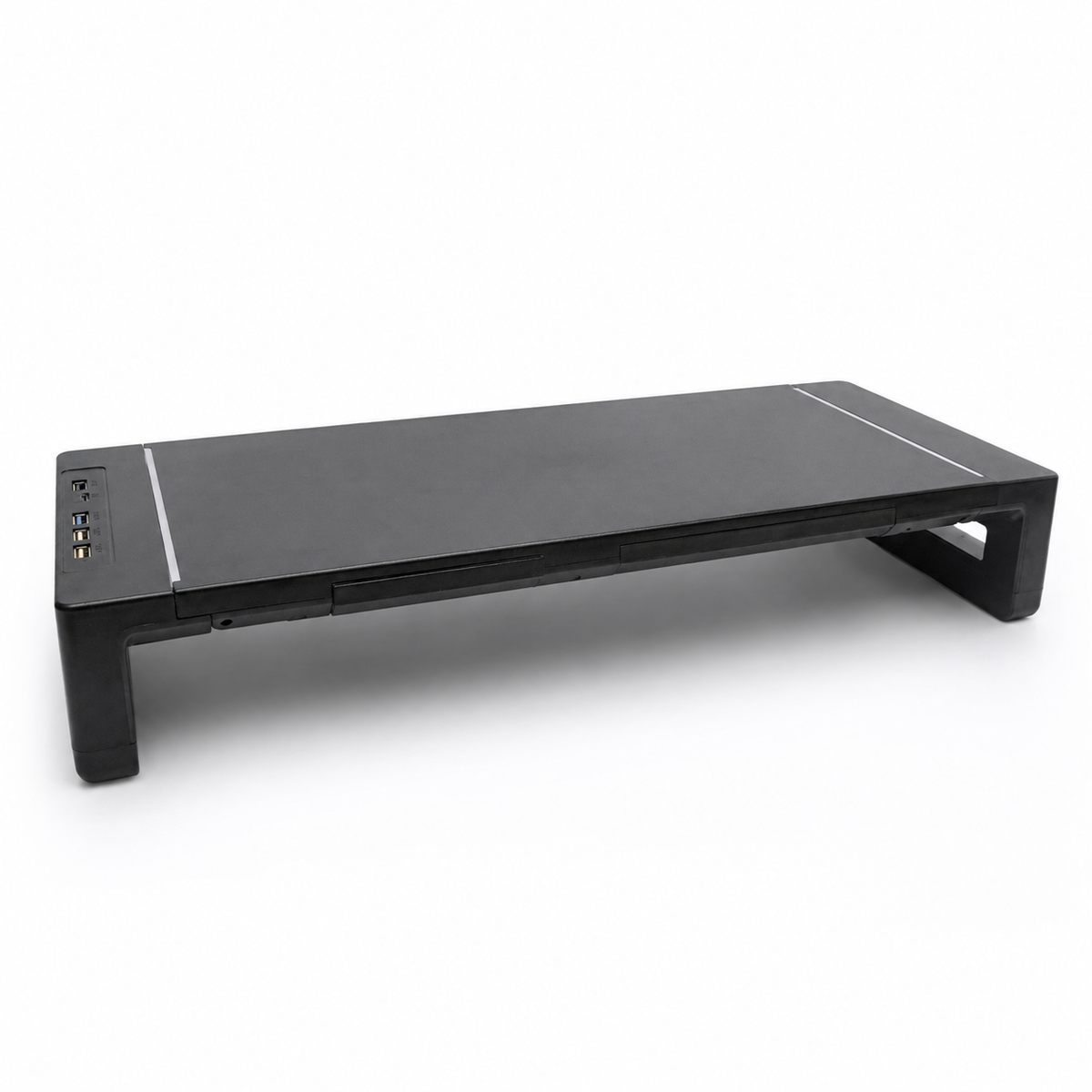 Command Monitor Riser by Voydesk, angled view showing the front USB hub ports and pull-out drawer