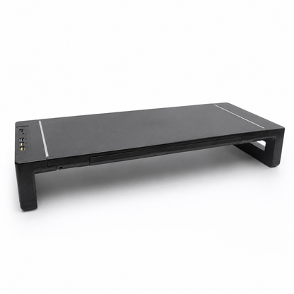 Command Monitor Riser by Voydesk, angled view showing the front USB hub ports and pull-out drawer