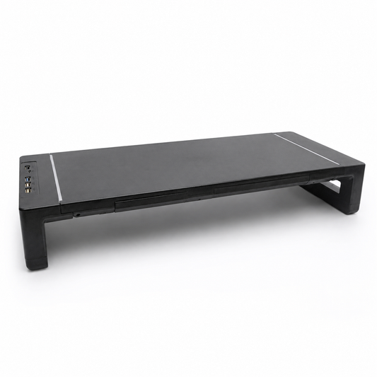 Command Monitor Riser by Voydesk, angled view showing the front USB hub ports and pull-out drawer